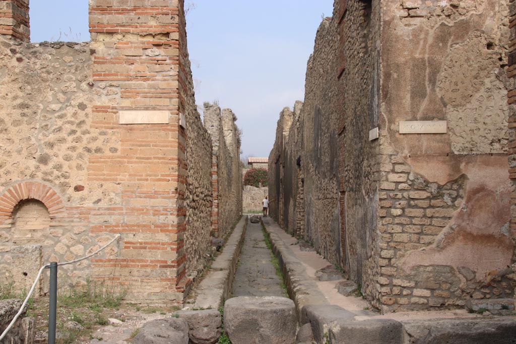 Vicolo di Tesmo, Pompeii. October 2023. 
Looking north from junction with unnamed vicolo, IX.4 on left and IX.5, on right. Photo courtesy of Klaus Heese.