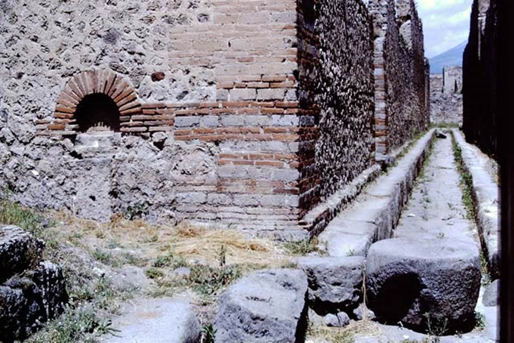 Vicolo di Tesmo between IX.4 and IX.5, on the right. Pompeii. 1966. Looking north from junction with unnamed vicolo, on the left.  Photo by Stanley A. Jashemski.
Source: The Wilhelmina and Stanley A. Jashemski archive in the University of Maryland Library, Special Collections (See collection page) and made available under the Creative Commons Attribution-Non Commercial License v.4. See Licence and use details.
J66f0472