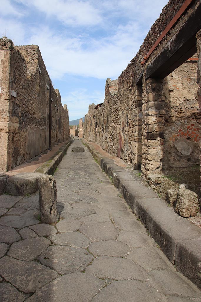 Vicolo di Tesmo between IX.2 and IX.7. Pompeii. October 2024. 
Looking north from junction with Vicolo di Balbo, on left, with doorways to IX.7.19 and IX.7.18, on right. 
Photo courtesy of Klaus Heese.