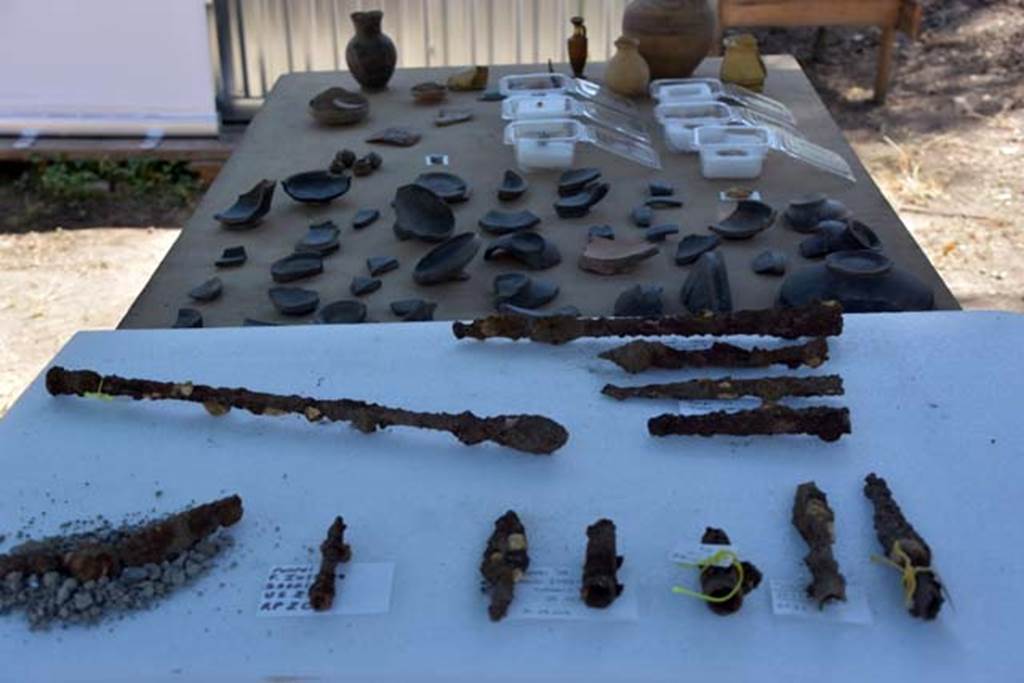 Santuario extraurbano del Fondo Iozzino. 2014 excavations. Finds including weapons in the foreground with pottery and jewellery at the rear.
Among the weapons found were short swords, around twenty spearheads made of iron, and sometimes with bronze handles, javelin tips, an iron sceptre - exceedingly rare in Southern Italy - and a large bronze shield with a decorated inner band into which the arm was placed. 
Reperti che includono armi in primo piano con ceramiche e gioielli nella parte posteriore.
Tra le armi trovate c'erano spade corte, una ventina di punte di lancia in ferro, e talvolta con maniglie di bronzo, punte di giavellotto, uno scettro di ferro - estremamente raro nel sud Italia - e un grande scudo in bronzo con una fascia interna decorata in cui è stato collocato il braccio.
Photograph © Parco Archeologico di Pompei.