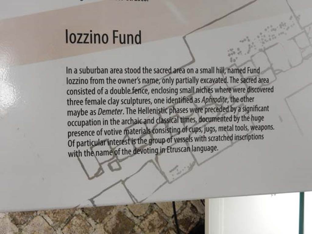 Santuario extraurbano del Fondo Iozzino. May 2018. Information card in exhibition.
The sacred area consisted of a double fence, enclosing small niches where were discovered three female clay sculptures, one identified as Aphrodite, another maybe as Demeter. 
The Hellenistic phases were preceded by a significant occupation in the archaic and classical times, documented by the huge presence of votive materials, consisting of cups, jugs, metal tools and weapons. 
Of particular interest is the group of vessels with scratched inscriptions with the name of the devotees in Etruscan language.