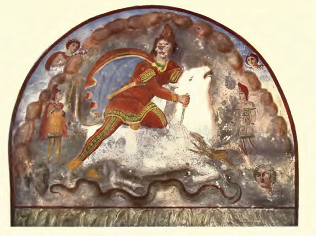 Santa Maria Capua Vetere, Mithraeum. 1922. West wall. Tauroctony or painting of Mithras slaying the sacred bull. 
According to Minto, Mithras in oriental dress is slaying the sacred bull.
In the sky, top left is Sol with red hair, a red cape and holding a golden sceptre.
In front of Sol perched on a rock is a raven, the gods messenger.
In the sky, top right is Luna/Diana with long hair and a crescent moon showing. 
Inside the cave, in Phrygian costume, with bow and quiver are the double incarnations of the god that rises in the morning, and in the evening declines on the horizon, and rises or falls to the earth in spring equinoxes and autumn.
Bottom left is the bearded Oceanus and bottom right is Terra with the head covered in green to symbolise vegetation.
See Notizie degli Scavi di Antichità, 1924 p. 360, Tav XVII.