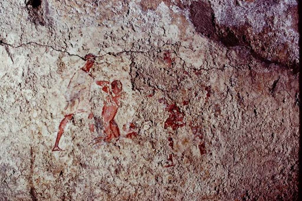 Santa Maria Capua Vetere, Mithraeum. 1974. Initiation painting located on front of benches. Photo by Stanley A. Jashemski.   
Source: The Wilhelmina and Stanley A. Jashemski archive in the University of Maryland Library, Special Collections (See collection page) and made available under the Creative Commons Attribution-Non Commercial License v.4. See Licence and use details.
J74f0585