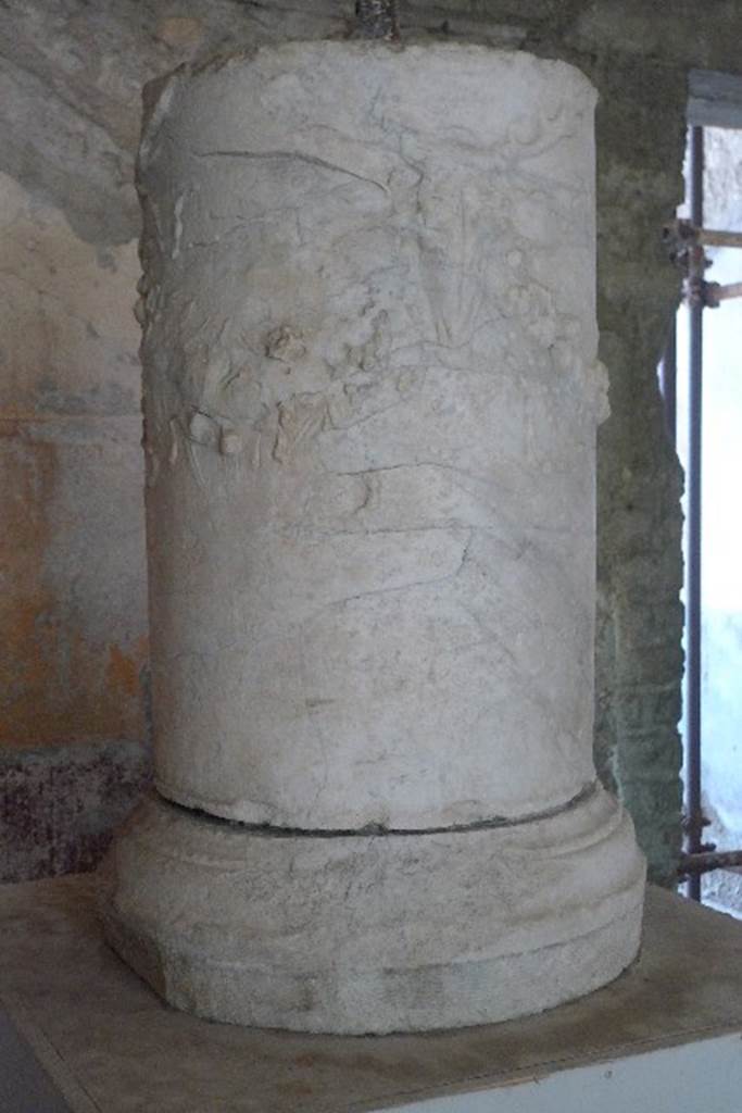 Stabiae Temple of Diana. July 2010. Villa San Marco, Stabiae, White marble altar. View 2. Photo courtesy of Michael Binns.
The altar, from the first imperial age, is decorated with garlands and ribbons supported on the skulls of stags.
This came to light in 1585 following an excavation in the garden next door to the church of S. Maria di Pozzano.
According to Pagano, given its sizeable dimensions, it was perhaps part of a sumptuous little temple destroyed in the 79AD eruption.
This temple would have been near a large senatorial seaside villa, situated in the valley of Faiano which lies below it. 
A lead fistula was discovered that may attribute this villa to Publius Sabidius Pollio. 
He or his father of the same name was aedile at Nola circa 30 B.C. 
It is therefore reasonable to suppose that the temple was part of, or near to, the villa.
Pagano considered the altar may be connected with the cult of Diana, as hunting in the woods behind Mount Faito must have played an important part in the life of a rich aristocrat.
See Pagano M., 2003 in Rivista di Studi Pompeiani XIV. Roma: L’Erma di Bretschneider. p. 349-351, figs. 6-8.
