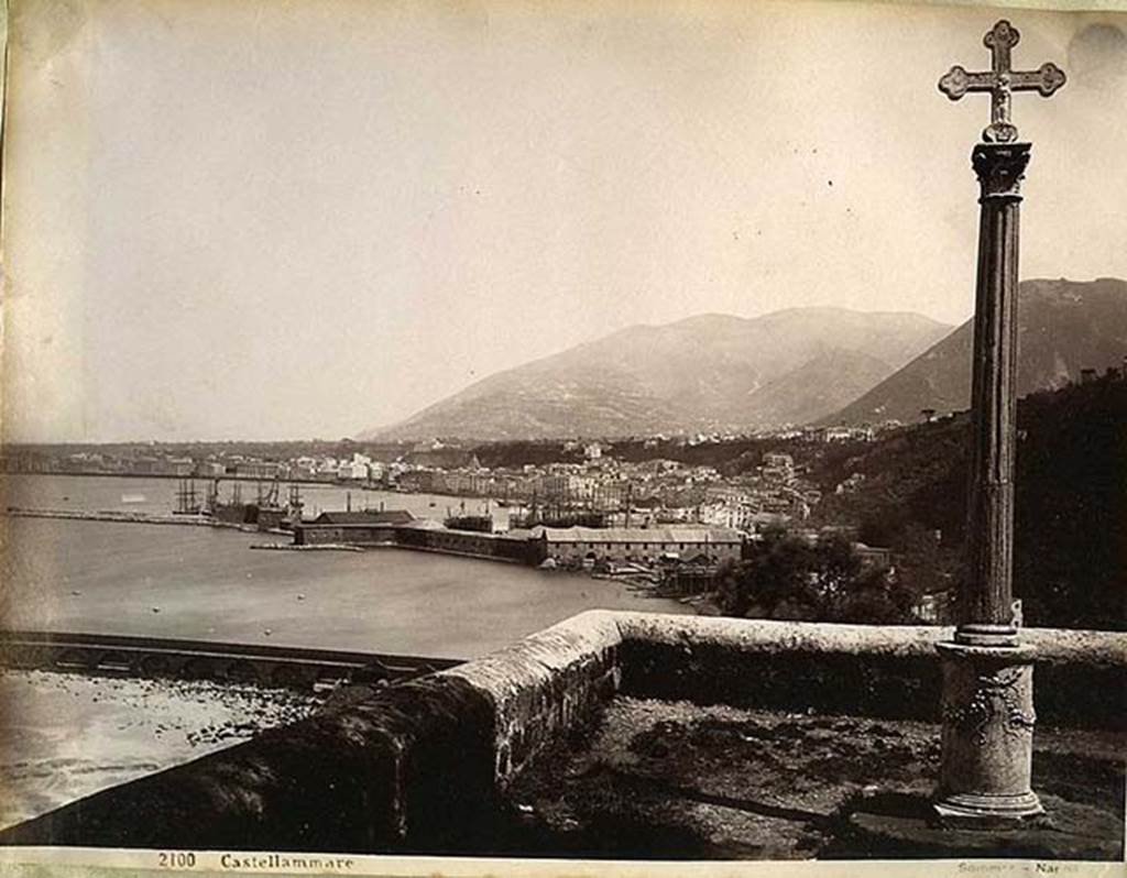 Stabiae Temple of Diana. Late 19th century Giorgio Sommer photograph of white marble altar.
During the 18th and 19th centuries the altar was used to support a Corinthian column at the top of which was a cross. 
This was located in a panoramic position on the old Sorrento road. 
It suffered considerable exposure to sea air, oxidisation and vandalism before being replaced by a resin copy and the original removed and restored.
This can be seen on the cover of “Pompei tra Sorrento e Sarno” in a position overlooking Castellammare di Stabia.
There is also a photo c.2001, on the inner front leaf, showing it still in situ and covered in graffiti, taken by M. Russo.
See Comitato per gli Scavi di Stabia. “Pompei tra Sorrento e Sarno”, Rome: Bardi Editore, 2001.
See Pagano M., 2003 in Rivista di Studi Pompeiani XIV. Roma: L’Erma di Bretschneider. p. 349-351, figs. 6-8.