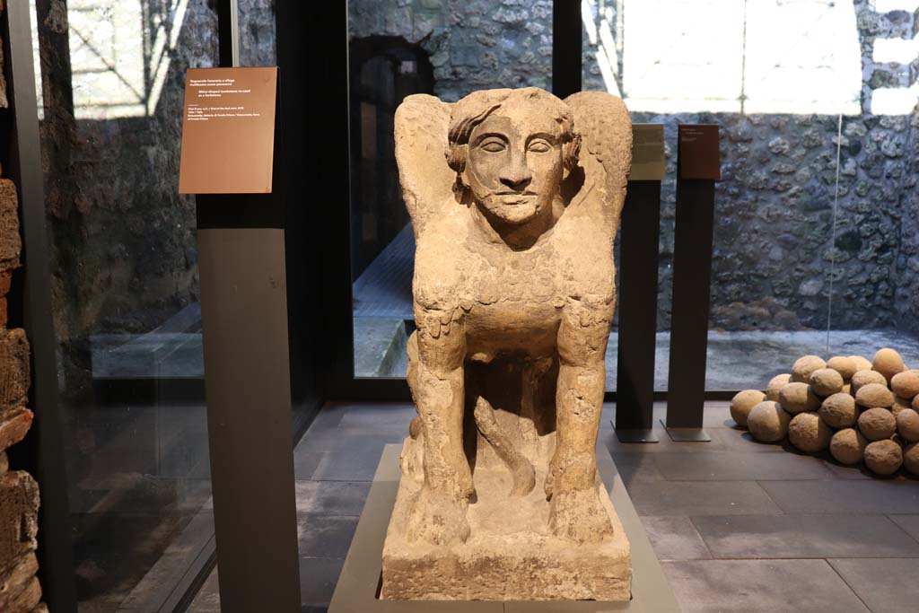 From Farm of Fondo Prisco, Boscoreale. February 2021. 
Tufa Sphynx-shaped tombstone re-used as a kerbstone, on display in Pompeii Antiquarium.
Photo courtesy of Fabien Bièvre-Perrin (CC BY-NC-SA).