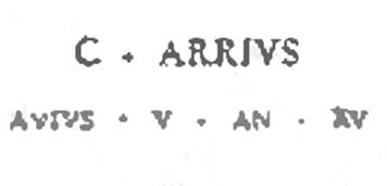 Boscoreale. Sepolcreto della gens Arria. Funeral title, engraved on a marble plaque.
C. ARRIVS
AVIVS V AN XV
C(aius) Arrius / Avius v(ixit) a(nnos) XV
Caius Arrius Avius. Lived 15 years.