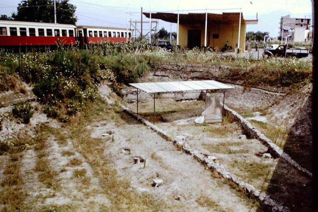 Scafati, 1968. Looking north across towards railway and level crossing.  Photo by Stanley A. Jashemski.
Source: The Wilhelmina and Stanley A. Jashemski archive in the University of Maryland Library, Special Collections (See collection page) and made available under the Creative Commons Attribution-Non Commercial License v.4. See Licence and use details.
J68f1214
Jashemski described this as an “Ancient tomb discovered at Scafati, the tomb was found in a triangular area enclosed by a low tufa wall. The back wall, which was the shortest, was eight metres long and approximately 95cm in height on average. The two longer walls could not be measured because they continued under the modern roadway. 
Within the tomb enclosure the cavities of six tree roots were found. 
These cavities were emptied and casts made, two were in the corners at the rear, and four were planted in front of the tomb.
On the opposite side of the roadway, which was two metres in width, six root cavities were found.  
Beyond this was a planted area with ancient furrows clearly still visible.”
According to Jashemski, “No doubt the entire network of roads connecting the towns that were covered during the eruption of Vesuvius were lined with tombs, which still lie buried under the Campanian countryside. This tomb was situated, as was customary in antiquity along a road, probably a small one that branched off from the main road between Pompeii and Nuceria. The wall of the tomb enclosure along the road was very low; the excavated section measures 20.5 metres.”
See Jashemski, W. F., 1979. The Gardens of Pompeii. New York: Caratzas. (p.148)