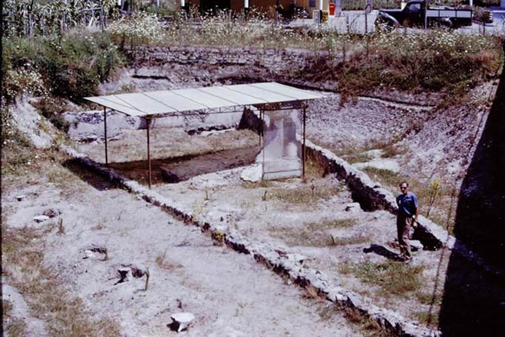 Scafati, 1968. Sig.Sicignano standing near the four tree casts in front of the tomb.  Photo by Stanley A. Jashemski.
Source: The Wilhelmina and Stanley A. Jashemski archive in the University of Maryland Library, Special Collections (See collection page) and made available under the Creative Commons Attribution-Non Commercial License v.4. See Licence and use details.
J68f1369