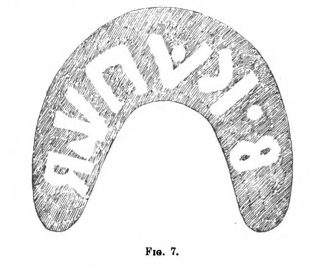 Pompeii Fondo Azzolini. Samnite Tomb XLIII. Oscan tile stamp.
No objects were found.
On top of a tile fragment from the tomb was this stamp recorded in Oscan letters.
See Notizie degli Scavi di Antichità, 1916, p. 296, fig. 7.