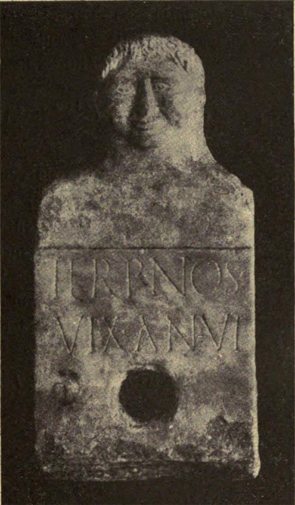 Pompeii Fondo Azzolini. Tomb 1. Herm of Terpnos.
Columella, Single burial. Burial of a slave.
In the tomb the herm was elevated from the middle of a low rectangular masonry enclosure, width 0.56m. by 0.87m.
Inscribed 
TERPNOS
VIX AN VI 
Terpnos
vix(it) an(nis) VI
See Notizie degli Scavi di Antichità, 1916, p. 299, fig. 14, p. 303, t1.