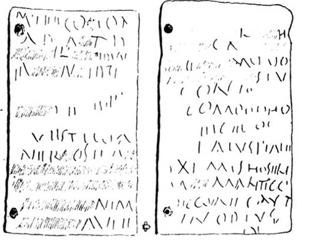 Pompeii Fondo Azzolini. Tomb 10. Drawing of reverse of the two lead curse tablets.
See Notizie degli Scavi di Antichità, 1916, p. 305-6, fig. 17.