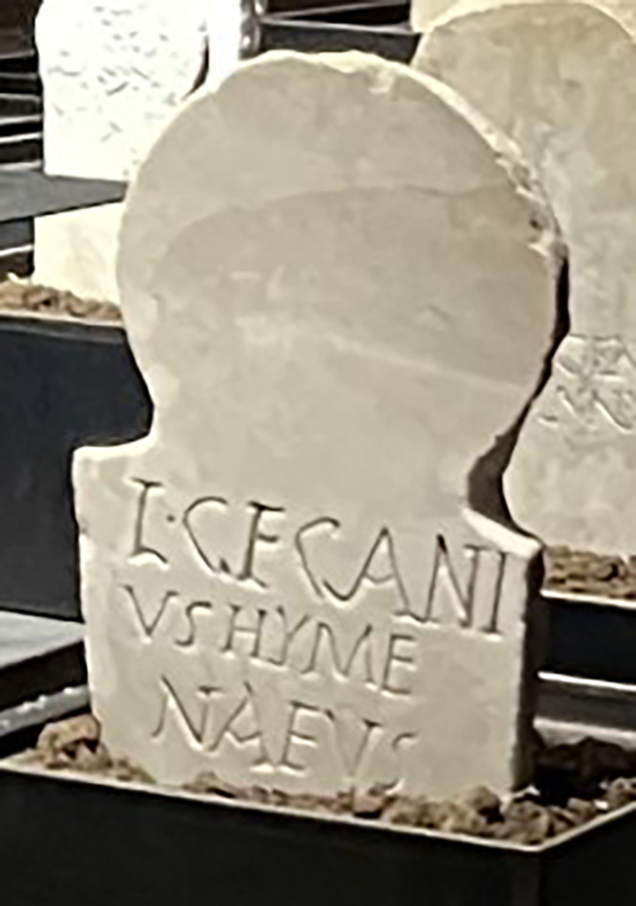Pompeii Fondo Azzolini. Roman Tomb 38: cippus of L. Greganius Hymenaeus.
On display in exhibition “L’altra Pompei, vite comuni all’ombra del Vesuvio”.
Photo courtesy of Giuseppe Ciaramella.
Single burial. Burial of a freeborn person.
Columella with inscription.
L GEGANI
VS HYME
NAEUS
Greganius
Hymenaeus
See Notizie degli Scavi di Antichità, 1916, 303, t38.