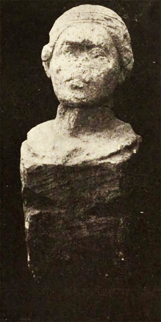 Pompeii Fondo Azzolini. Tomb 64: Tertia. A female bust in tufa from Tomb 64.
Un busto muliebre in tufo del la tomba 64.
See Notizie degli Scavi di Antichità, 1916, p. 299 and fig. 12.
TERTIA
Tertia
See Notizie degli Scavi di Antichità, 1916, p. 299, fig. 12, p. 303, t64.