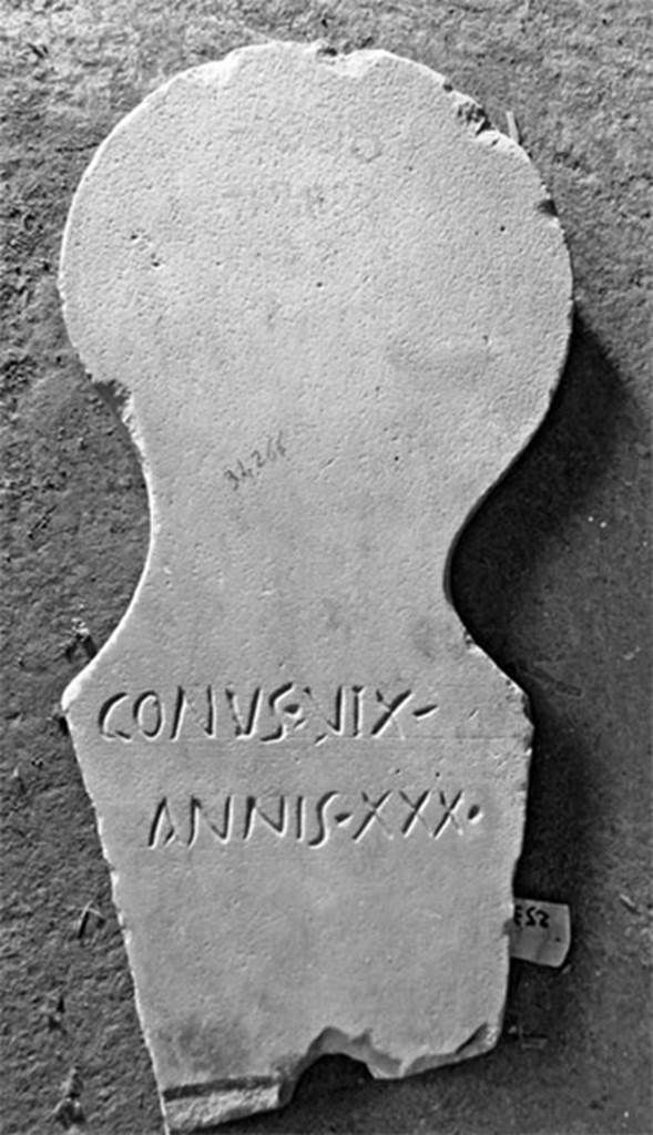 Pompeii Fondo Azzolini. Tomb 118: Gonus or Conus.
Columella with inscription
GONUS VIX
ANNIS XXX
Conus vix(it)
annis XXX
or 
Gonus vix(it)
annis XXX
See Notizie degli Scavi di Antichità, 1916, 303, t118.
Photo © Umberto Soldovieri.