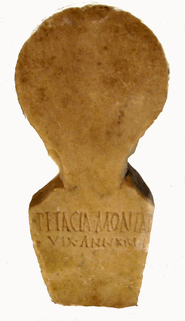 FS93-4. Marble columella of Petacia Montana.
Found inside the tomb, 0.66m high, upper width 0.15m, with poor letters
?
PETACIA • MONTAN  
VIX • ANN XICI II (sic)
Petacia Montan(a)
vix(it) ann(is) XICI II (sic!)
The number was not intelligible but may have been XXIII.
The burial of a freeborn person.
Not visible from the street.
See Notizie degli Scavi di Antichità, 1893, p. 334, no. 4.