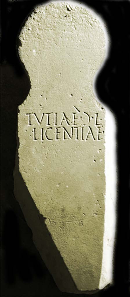 Pompei, Tombe presso la Strada Regia, Fondo Santilli. 1894. Marble columella of Tutiae Licentiae.
Now in Naples Archaeological Museum. Inventory number 123257.
Found in the same location as the columella of Claudiae Laudicae.
See Mittheilungen des Kaiserlich Deutschen Archaeologischen Instituts, Roemische Abtheilung, 1894, p. 65, no. 14.
See Ephemeris Epigraphica, Vol. VIII, 1899, no. 331.
In the form of a herm, 0.74m high, 0.20m wide:
TVTIAE  Ɔ  L· 
LICENTIAE
Tutiae G(aiae) l(ibertae)
Licentiae
Burial of a freedwoman
See Notizie degli Scavi di Antichità, 1894, p. 384, no. 14.
According to the Epigraphic Database Roma this reads
Tutiae ((mulieris)) l(ibertae)
Licentiae.