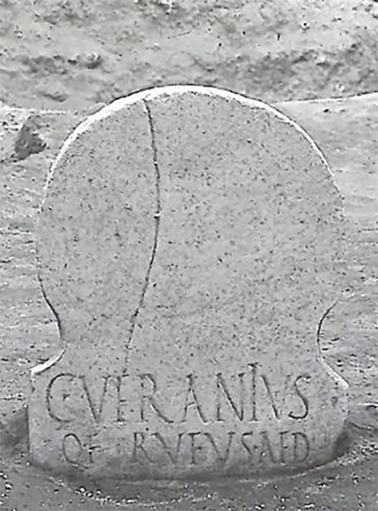 FPNF Pompeii. Inscribed male marble columella 
Q. VERANIVS
Q. F. RVFVS AED.
According to D’Ambrosio and De Caro, this expands to
C(aius) Veranius
Q(uinti) f(ilius), Rufus aed(ilis)
See D’Ambrosio A. and De Caro S., 1988. Römische Gräberstraßen. München: C. H. Beck. p. 210.