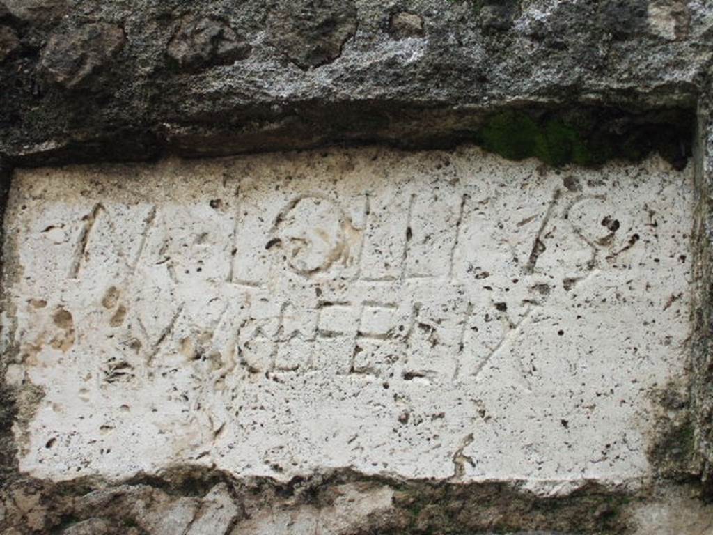 FPNI Pompeii. December 2005. Plaque on west end of south side with inscription:
According to D’Ambrosio and De Caro, this was possibly of non-local travertine and read
M  LOLLIVS  
M  L  FELIX
They expand this to
M(arcus)  Lollius  
M(arci)  l(ibertus), Felix
See D’Ambrosio A. and De Caro S., 1988. Römische Gräberstraßen. München: C.H.Beck. p. 214.