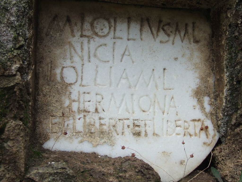 FPNI Pompeii. December 2005. Plaque in centre of south side with inscription.
According to D’Ambrosio and De Caro, this read
M  LOLLIVS  M  L 
NICIA
LOLLIA M  L  
HERMIONA 
ET LIBERT ET LIBERTA.
They expand this to
M(arcus)  Lollius  M(arci)  l(ibertus) 
Nicia
Lollia M(arci)  l(iberta)  
Hermiona 
et libert(i) et Liberta(e).
See D’Ambrosio A. and De Caro S., 1988. Römische Gräberstraßen. München: C.H.Beck. p. 214.