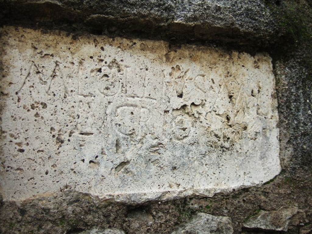 FPNI Pompeii. December 2005. Plaque on east end of south side with inscription:
According to D’Ambrosio and De Caro, this was possibly of non-local travertine and read
M. LOLLIVS M L 
LVCRIO.
They expand this to
M(arcus) Lollius M(arci) l(ibertus)
Lucrio
See D’Ambrosio A. and De Caro S., 1988. Römische Gräberstraßen. München: C.H.Beck. p. 214.