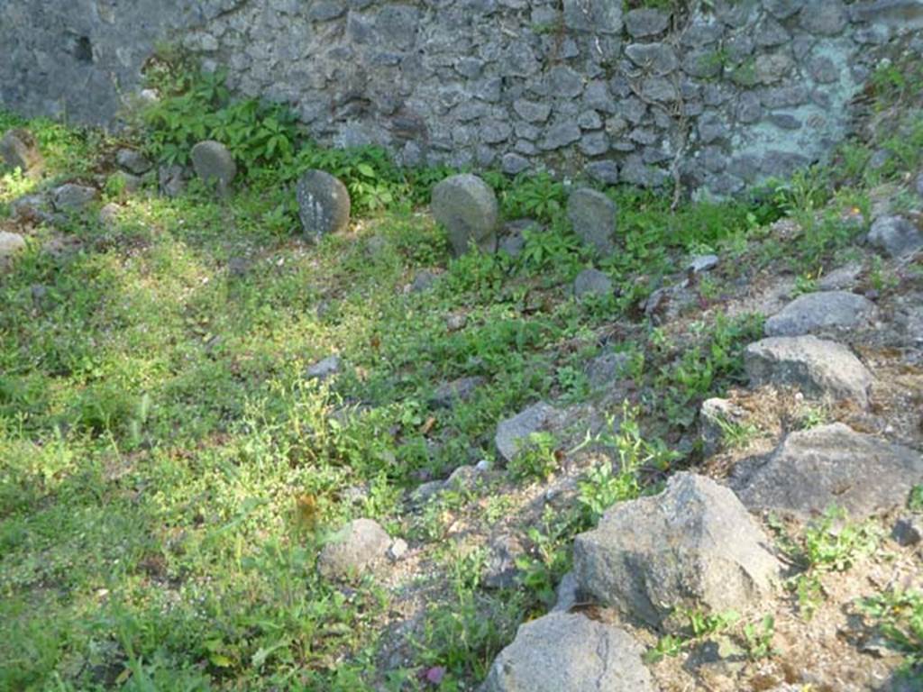 FPSE Pompeii. May 2011. West wall of tomb area. Photo courtesy of Michael Binns.
There were three columellae against this wall.
From north to south these were:
The two northern columellae were male, each with tablet with a hole for libation.
The southern columella was of white marble with the inscription
VALENTINVS
V  A  V
According to D’Ambrosio and De Caro, this expands to
Valentinus
V(ixit) a(nnis) V
An irregular shaped piece of lava seems to have acted as a cover for the bones.
See D’Ambrosio A. and De Caro S., 1988. Römische Gräberstraßen. München: C.H.Beck. p. 222.
