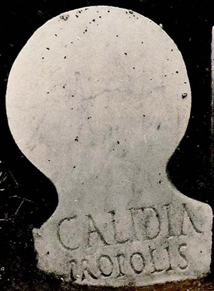 FPSG Pompeii. Marble female columella of Calidia Propolis, with inscription
CALIDIA
PROPOLIS
According to D’Ambrosio and De Caro, a vertical furrow on the smooth back represented the parting of the female hair.
See D’Ambrosio A. and De Caro S., 1988. Römische Gräberstraßen. München: C.H.Beck. p. 225.