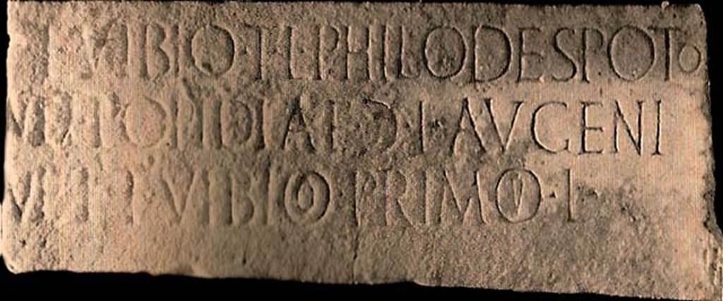 FPStreet Pompeii. Plaque of Titus Vibius Philodespotus T. L., Popidia Augeni G. L., and Titus Vibius Primus.
This had the inscription 
T VIBIO T L PHILODESPOTO
ET POPIDIAE G L AVGENI
ET T VIBIO PRIMO L
According to D’Ambrosio and De Caro, this expands to 
T(ito) Vibio T(iti) l(iberto), Philodespoto
et Popidiae G(aiae) l(ibertae) Augeni
et T(ito) Vibio Primo l(iberto)
See D’Ambrosio A. and De Caro S., 1988. Römische Gräberstraßen. München: C.H.Beck. p. 277, Taf 39e.