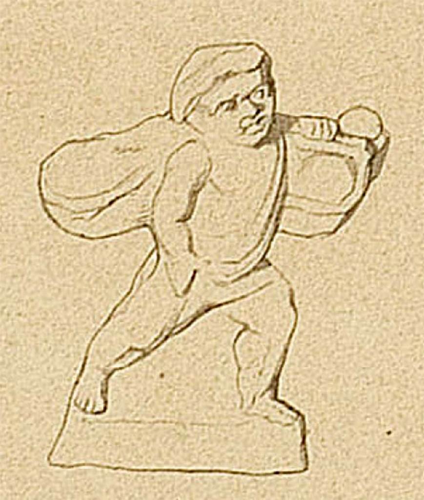 HGE08 Pompeii. Drawing of terracotta statue of a load carrier found on 29th December 1837 on the floor of the grave chamber.
Now in Naples Archaeological Museum.  Inventory number 20252.
See Kockel V., 1983. Die Grabbauten vor dem Herkulaner Tor in Pompeji. Mainz: von Zabern. (p. 152-3, Taf. 54e).
See Von Rohden, H., 1880. Die Terracotten von Pompeji. Stuttgart: Spemann. (plate XL,4).