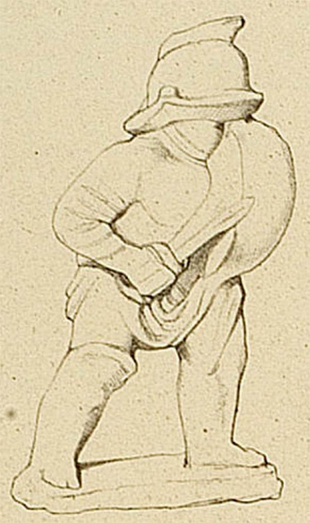 HGE08 Pompeii. Drawing of terracotta statue of a gladiator found on 29th December 1837 on the floor of the grave chamber.
Now in Naples Archaeological Museum.  Inventory number 20259.
See Kockel V., 1983. Die Grabbauten vor dem Herkulaner Tor in Pompeji. Mainz: von Zabern. (p. 152-3, Taf. 54f).
See Von Rohden, H., 1880. Die Terracotten von Pompeji. Stuttgart: Spemann. (plate XLI,1).