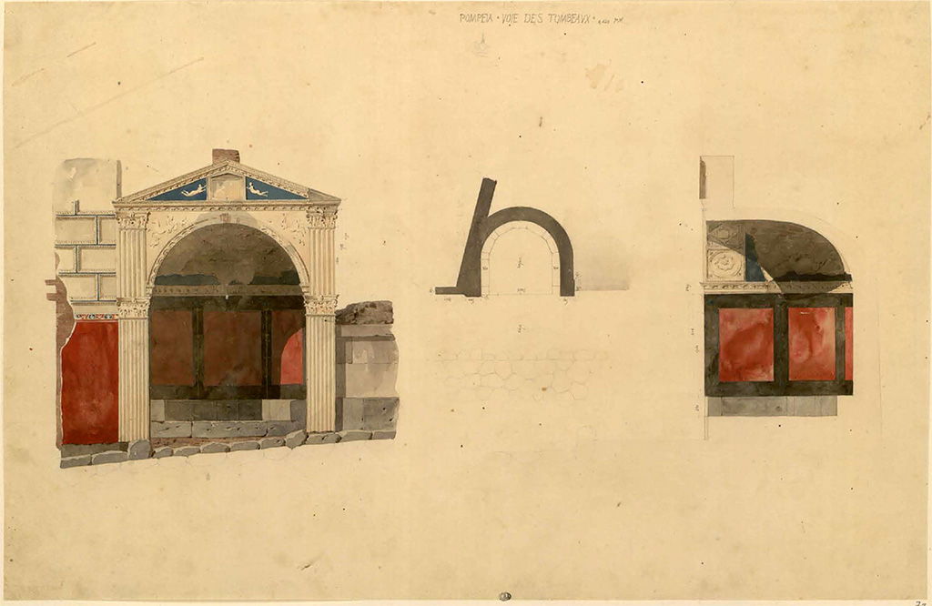 HGE09 Pompeii. Between 1823 and 1828, watercolour sketches by Felix Duban of tomb. 
See Duban F. Album de dessins d'architecture effectués par Félix Duban pendant son pensionnat à la Villa Medicis, entre 1823 et 1828: Tome 2, Pompéi. No. 72.
INHA Identifiant numérique NUM PC 40425 (2)
https://bibliotheque-numerique.inha.fr/idurl/1/7157  « Licence Ouverte / Open Licence » Etalab