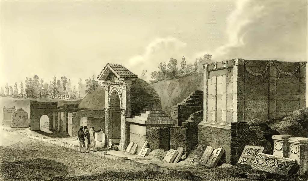HGE09 Pompeii. 1824 drawing of tombs HGE05, HGE06, HGE07, HGE08 and HGE09.
See Gell, W, and Gandy J. P., 1819. Pompeiana. London: Rodwell and Martin, (pl. 12).