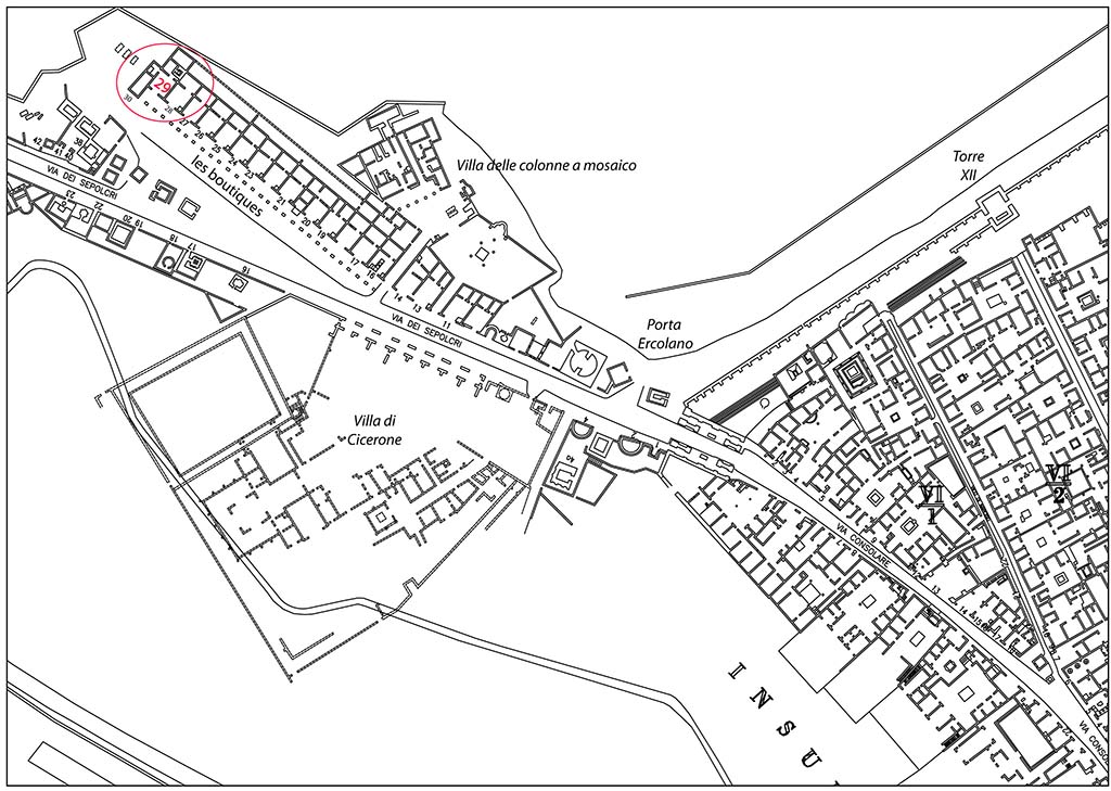 Fig. 1 - Pompéi. Plan des boutiques situées le long de la via dei sepolcri.
D’après A. Van der Poel, Corpus Topographicum Pompeianum: The Rica maps of Pompeii, 1983.