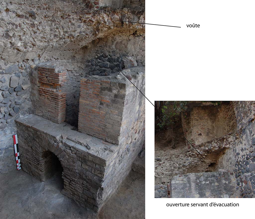 HGE29 Pompeii. September 2013. Room 2. On the left, looking south-east to front side of oven, with remains of vaulted roof.
On the right, detail of the opening for the flue.
Photo courtesy of Laëtitia Cavassa, Bastien Lemaire, Guilhem Chapelin, Aline Lacombe, John-Marc Piffeteau and Giuseppina Stelo.
Photo © Centre Jean Bérard. For full report, see links above or below.
