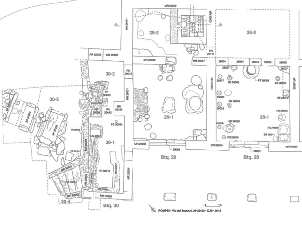 Plan of the potter's workshop (shops N28-N30) and burials HGE31A, HGE31B and HGE32A (1:50th). G. Chapelin, B. Lemaire – CJB/EFR/CNRS - CC BY-NC-ND 4.0
Plan de l’atelier de potier (boutiques N28-N30) et des sépultures HGE31A, HGE31B et HGE32A (1 : 50e). G. Chapelin, B. Lemaire – CJB/EFR/CNRS - CC BY-NC-ND 4.0
See Pompéi, Porta Ercolano : organisation, gestion et transformations d’une zone suburbaine : Campagne 2015, fig. 15. CEFR 1581