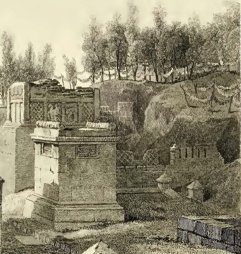 HGE36 Pompeii. 1824 drawing of HGE36 (right) and HE37 (left).
According to Kockel, many early drawings show four turrets with pyramid tops, now lost.
See Kockel V., 1983. Die Grabbauten vor dem Herkulaner Tor in Pompeji. Mainz: von Zabern. (p. 166).
See Gell, W, and Gandy J. P., 1819. Pompeiana. London: Rodwell and Martin, (pl. 11).