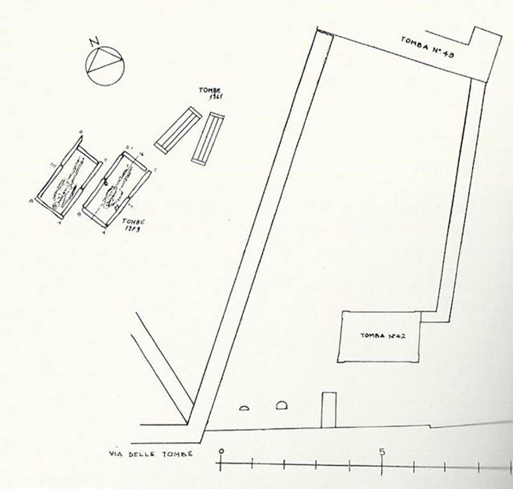 HGE44 Pompeii. 1979 plan by Stefano de Caro. 
The two narrow graves are HGE44 the tombe a cappuccina, excavated in 1961.
The two wider graves are HGE45 excavated in 1979.
These are located to the west of HGE42 and HGE43.
See De Caro S., 1979. Cronache Pompeiane V, p. 180, fig. 1.