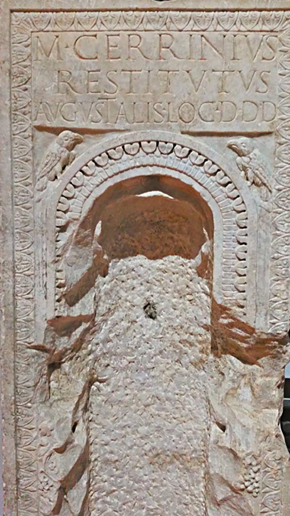 HGW01 Pompeii. Marble stele found in rear wall of tomb.
Now in Naples Archaeological Museum, inventory numbers 3919 (CIL X, 994).
Photo courtesy of Giuseppe Ciaramella, June 2017.