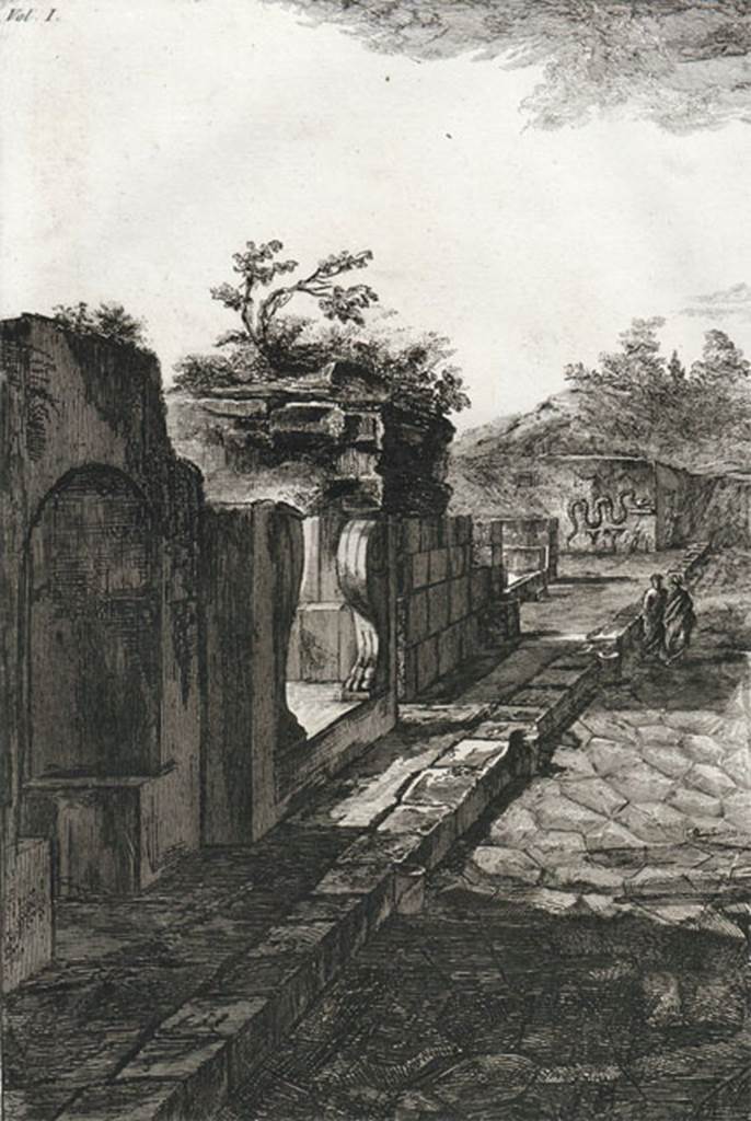 HGW01 Pompeii. Detail from 1804 drawing of view along HGW01, HGW02, HGW03 and HGW04.
See Piranesi, F, 1804. Antiquités de la Grande Grèce: Tome I. Paris: Piranesi and Le Blanc. (Pl. 5).