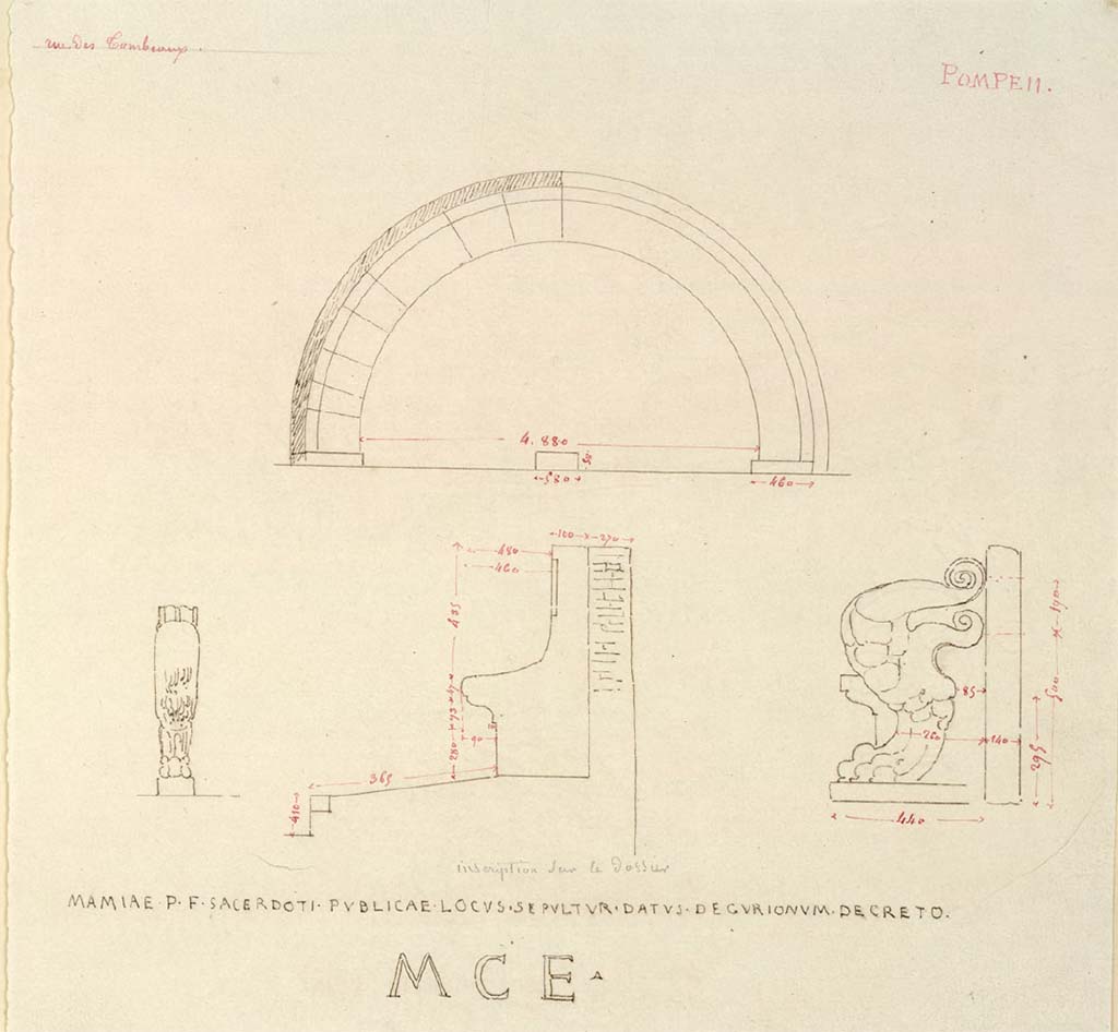 HGW04 Pompeii. Drawing by Chenavard of the schola seat of Mamia.
See Chenavard, Antoine-Marie (1787-1883) et al. Voyage d'Italie, croquis Tome 3, pl. 74.
INHA Identifiant numérique : NUM MS 703 (3). See Book on INHA 
Document placé sous « Licence Ouverte / Open Licence » Etalab