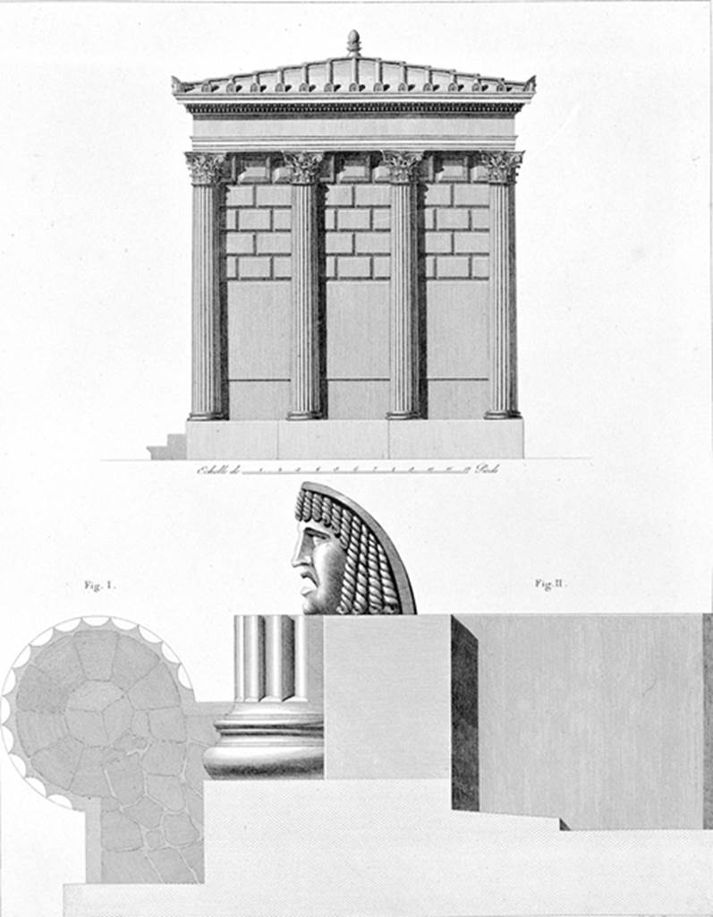 HGW04 Pompeii.  1809-11. Schola Tomb of Mamia. Reconstruction by Mazois. According to Mazois there were several terracotta masks, similar to the one drawn, “but all have been broken by the curious ones”. See Mazois, F., 1812. Les Ruines de Pompei: Premiere Partie. Paris: Didot Freres.  (p.28, Pl. IX).