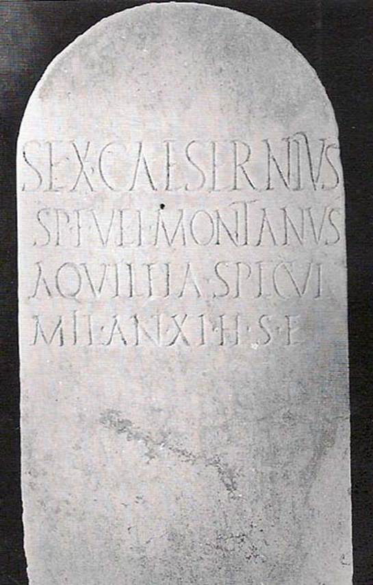 Tomb NG4 Pompeii. Tomb of Sextus Caesernius Montanus, son of Spurius. 
Marble stele, with rounded top.
SEX(tus) CAESERNIUS
SP(uri) F(ili) VEL(ina) MONTANUS
AQUILEIA SPECUL(ator)
MIL(itavit) ANN(is) XI H(ic) S(itus) E(st)
Sextus Caesernius Montanus, son of Spurius, of the Velinan tribe, from Aquileia, bodyguard, performed military service for 11 years, is buried here.
See Cooley, A. and M.G.L., 2004. Pompeii : A Sourcebook. London : Routledge. G68, p.156.
See De Caro, 1979, Cronache Pompeiana V, pp. 86-93
See Stefani G., in SAP, 1998. Pompei Oltre la Vita: Nuove testimonianze dalle necropoli, p. 40.