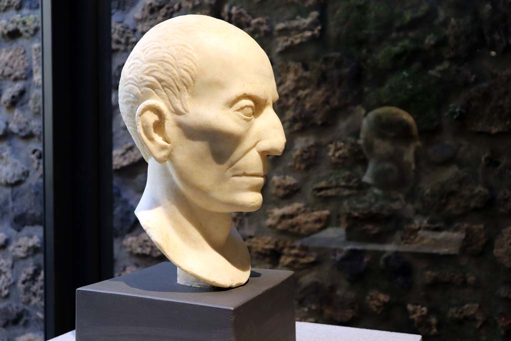 Porta Nocera, tomb 4EN. February 2021. Limestone funerary portrait of a man, on display in Antiquarium. 
Photo courtesy of Fabien Bièvre-Perrin (CC BY-NC-SA).