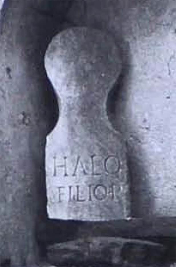 Pompeii Porta Nocera. Tomb 3ES? A columella was found to the north east of 1ES. 
This had the inscription 
HALO 
FILIO P(ater).
This could not necessarily be attributed to either 1ES or 3ES.
It is pictured here in the lararium niche in the atrium of II.8.5.
See Carratelli, G. P., 1990-2003. Pompei: Pitture e Mosaici: Vol. III. Roma: Istituto della enciclopedia italiana, p. 321.