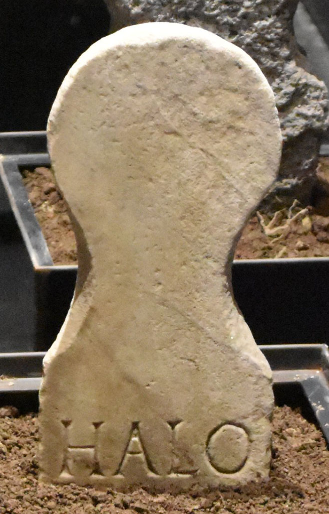 Pompeii Porta Nocera. Tomb 3ES? March 2024. Columella  of Halo. 
This had the inscription -
HALO 
FILIO P(ater).
On display in exhibition “L’altra Pompei, vite comuni all’ombra del Vesuvio”.
Photo courtesy of Giuseppe Ciaramella.