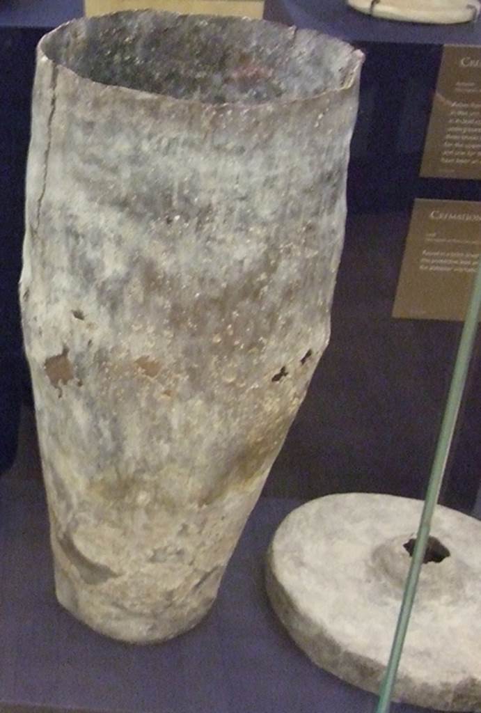 Pompeii Porta Nocera Tombs. September 2009. Found in the “recinto” between 3ES and 5ES. 
Lead container with lid. SAP inventory number 59860. 
This held the one handled alabaster Hydria funerary urn, SAP inventory number 59861. 
Photographed at “A Day in Pompeii” exhibition at Melbourne Museum.