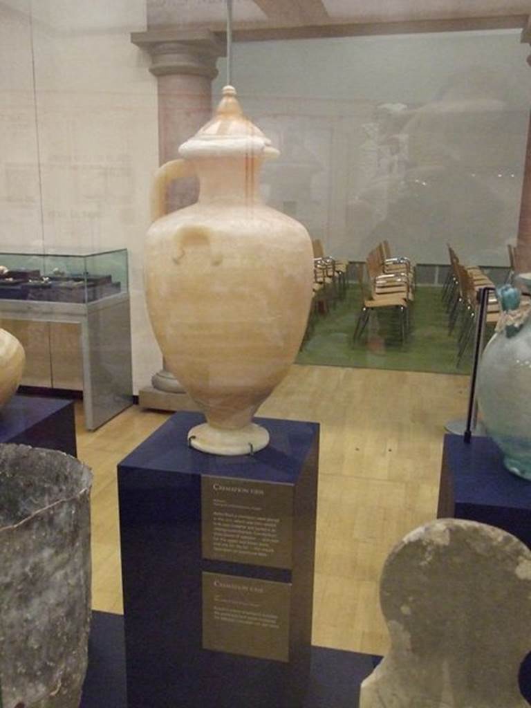 Pompeii Porta Nocera Tombs. September 2009. Found in the “recinto” between 3ES and 5ES. 
One handled alabaster Hydria funerary urn. SAP inventory number 59861. 
This was held in a lead container with lid. SAP inventory number 59860. 
Photographed at “A Day in Pompeii” exhibition at Melbourne Museum.