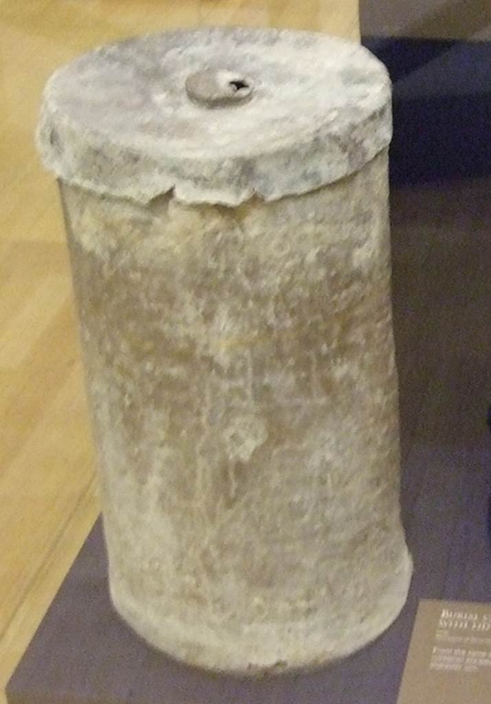 Pompeii Porta Nocera Tombs. September 2009. Found in the “recinto” between 3ES and 5ES. 
Lead container with lid. SAP inventory number 59862. 
This held the two handled amphora funerary urn. SAP inventory number 59863. 
Photographed at “A Day in Pompeii” exhibition at Melbourne Museum.
