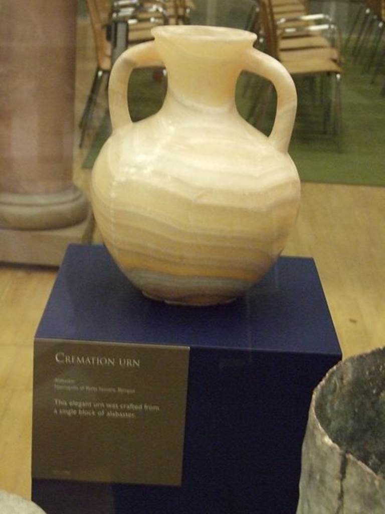 Pompeii Porta Nocera Tombs. September 2009. Found in the “recinto” between 3ES and 5ES. 
Two handled amphora funerary urn. SAP inventory number 59863. 
A lead container with a lid SAP inventory number 59862 held this urn. 
Photographed at “A Day in Pompeii” exhibition at Melbourne Museum.