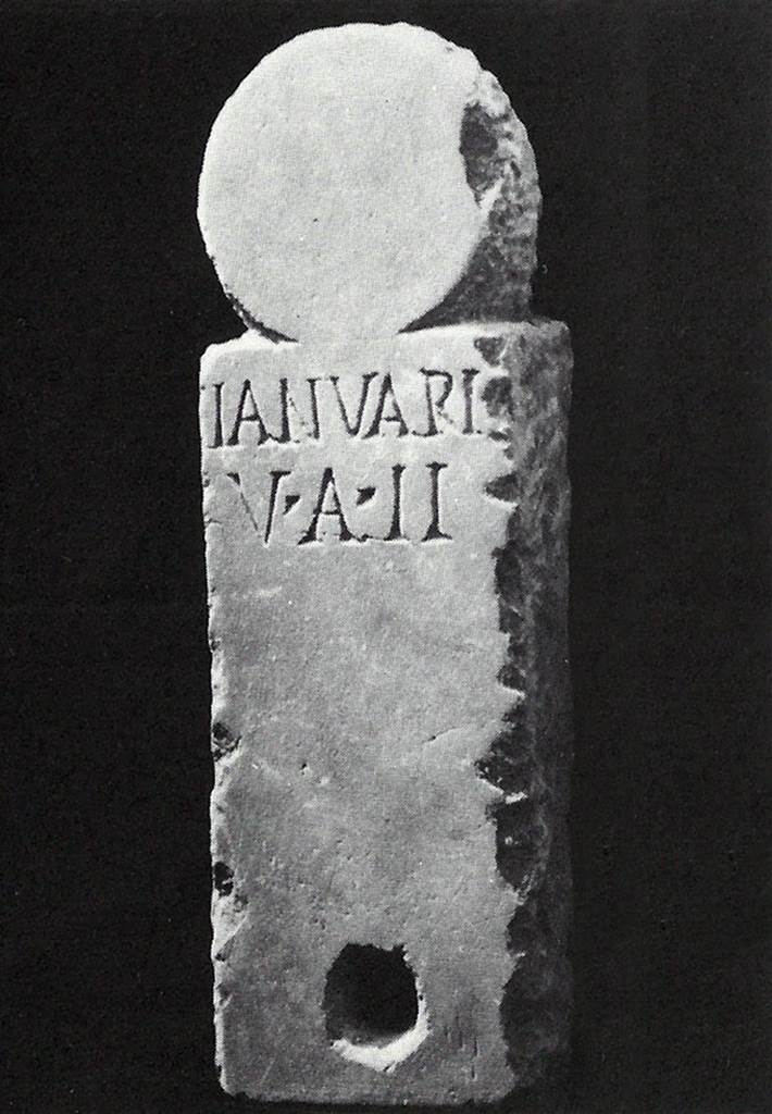 Pompeii Porta Nocera. Tomb 15ES. Columella of Ianuarius.
This has the inscription IANVARIS V(ixit) A(nnis) II. 
Also found was a columella with the inscription VITALIS PVER V(ixit) ANN(is) III.
These were the sons of Lucius Barbidius Communis and Pithia Rufilla commemorated on the front plaque.
See D’Ambrosio, A. and De Caro, S., 1983. Un Impegno per Pompei: Fotopiano e documentazione della Necropoli di Porta Nocera. Milano: Touring Club Italiano. (15ES).